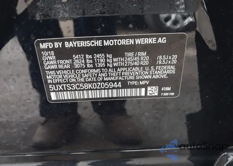 2019 BMW X3 M40I from USA, damaged, VIN 5UXTS3C58K0Z05944